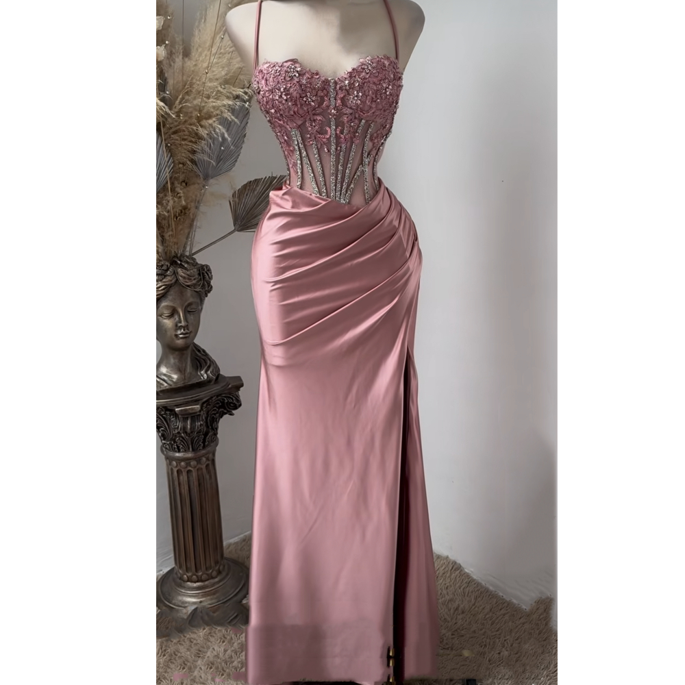 Or Length Pink Mermaid Prom Dresses Side Split Spaghetti Straps Sexy Special Ocn Dress Lace Appliques Crystals Beaded Illusion Corset Pageant Evening 