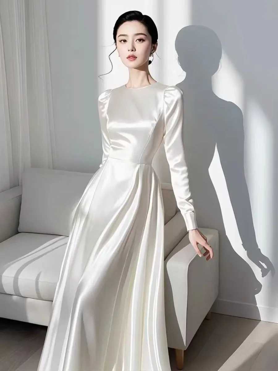 2024 Autumn Ele Satin Womens Long Sve Dress Round Neck White French Midi Skiing Womens A-Line Evening Dress N1013-1 W241210