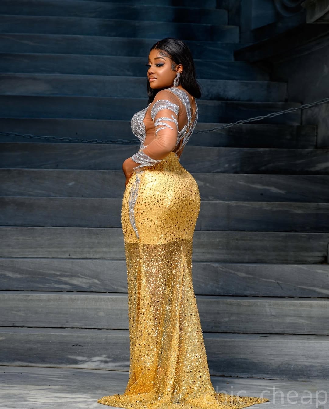 Gold Mermaid Prom Dresses 2025 Sequined Full Sleeves Sheer Neck Evening Formal Party Second Birthday Engagement Gowns Plus Size Dress For Special Occa