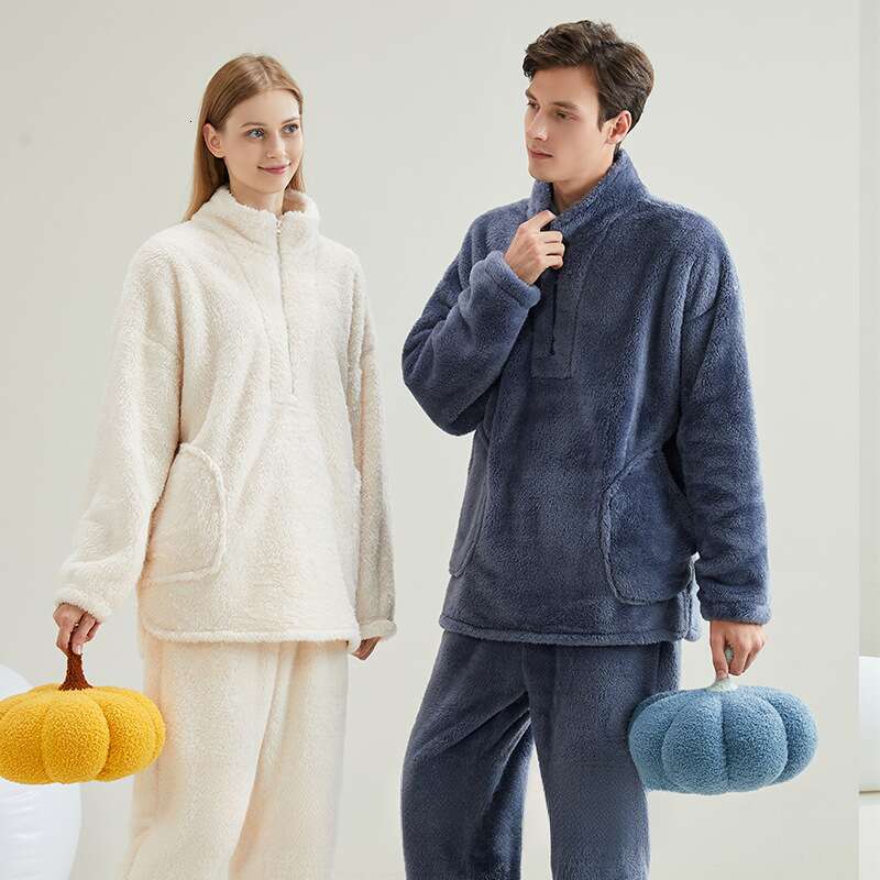 Coral fleece for couples, warm wearable, thick men's women's winter sleepwear set, 2024 new casual and versatile fashionable clothing