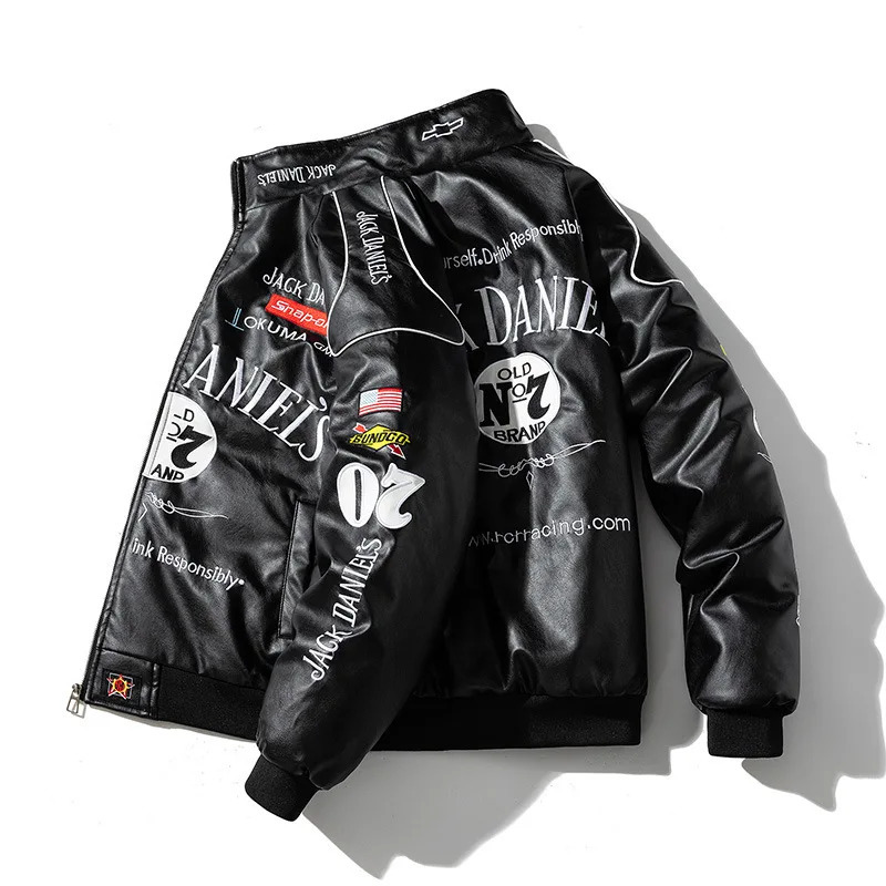 Street Mens Leather Jacket Racing Bomber Cotton Autumn Fashion Embroidery Baseball Collar Handsome Coat