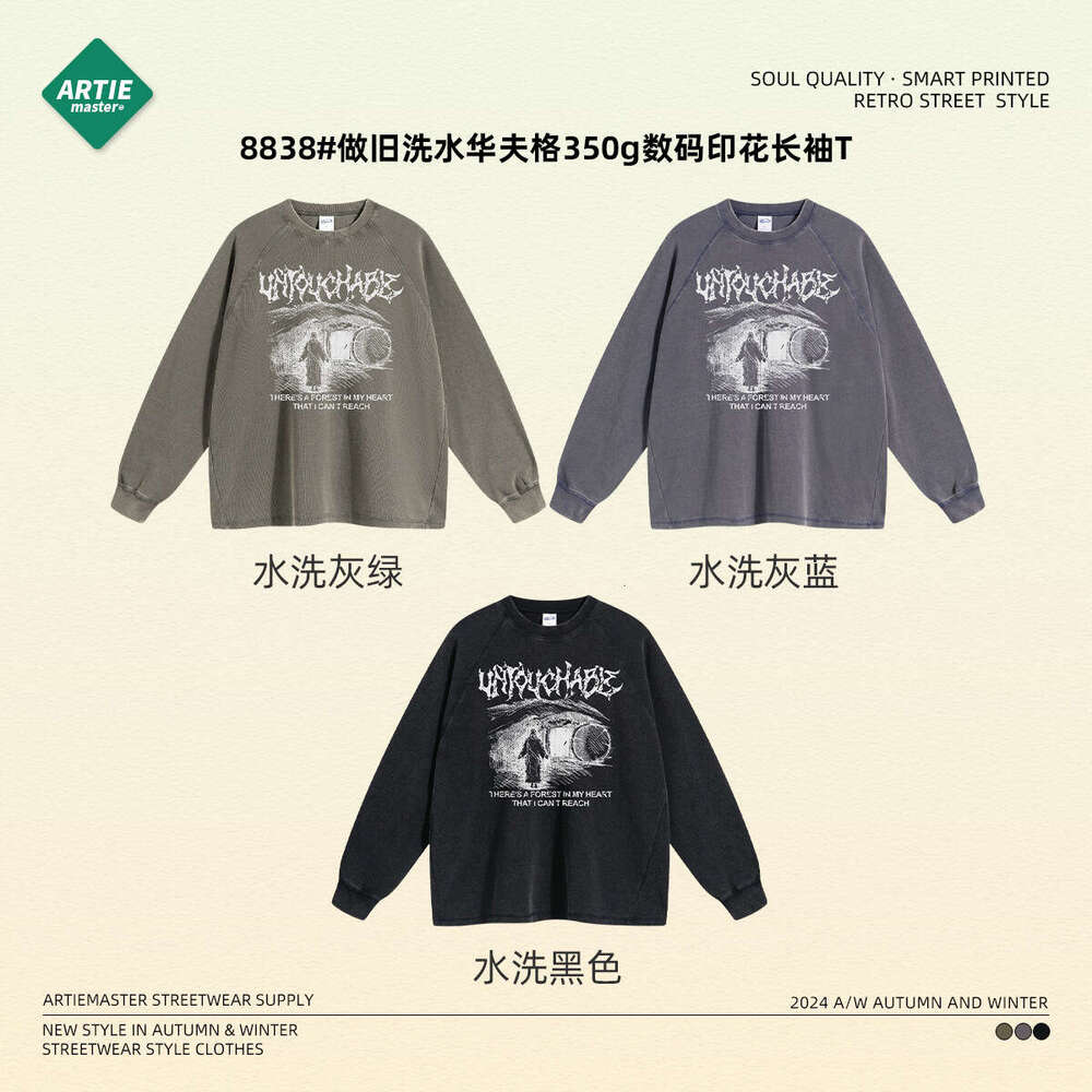 2024 Autumn/Winter New Product Wax Printing Waffle 350g Washed Water Used Printed Long Sleeve Trendy Brand Men's Retro T-shirt