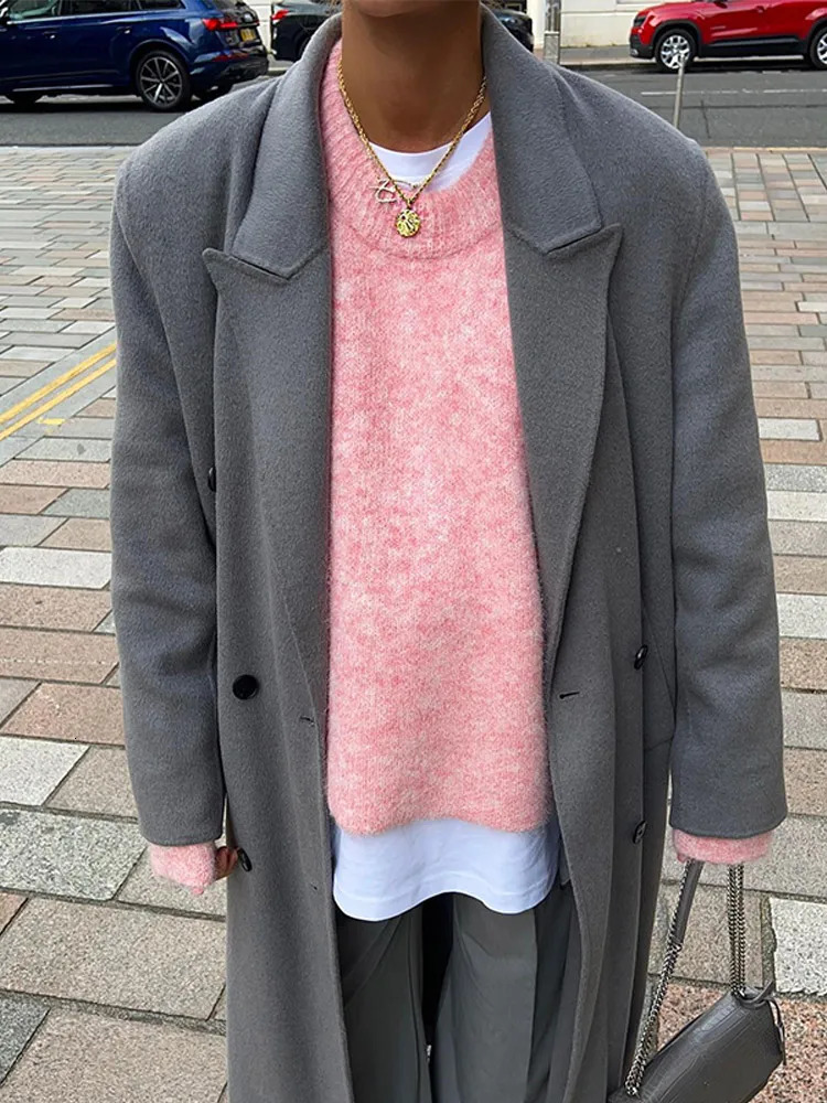 Pink Wool Cashmere Thicken Casual Loose Knitted Sweater Pullover 2024 Autumn O Neck Long Sleeve Sweaters Lady Streetwear 241203