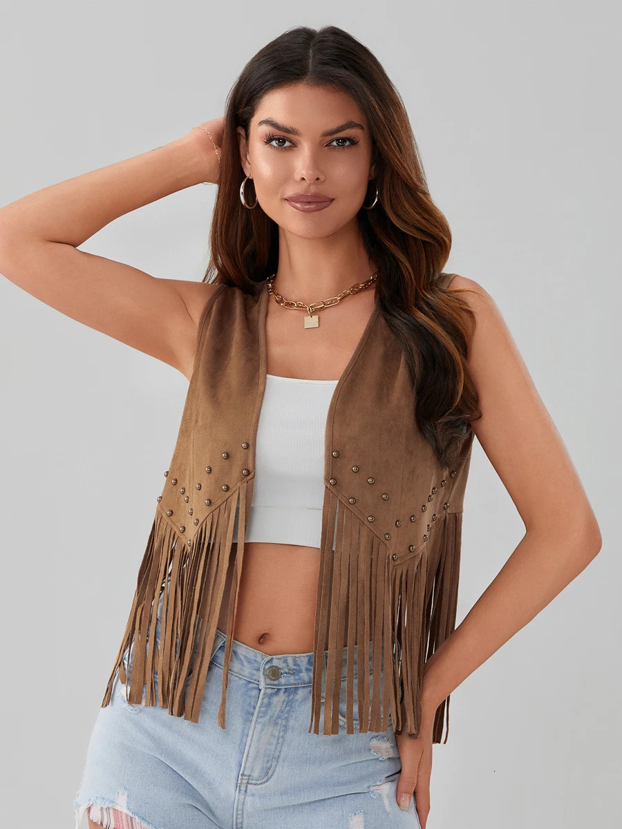 HzDazrl Women Fringe Vest Open Front Rivets Tassel Sleeveless Coat Vintage Cowgirl Hippie Casual Jacket Outwear 241205