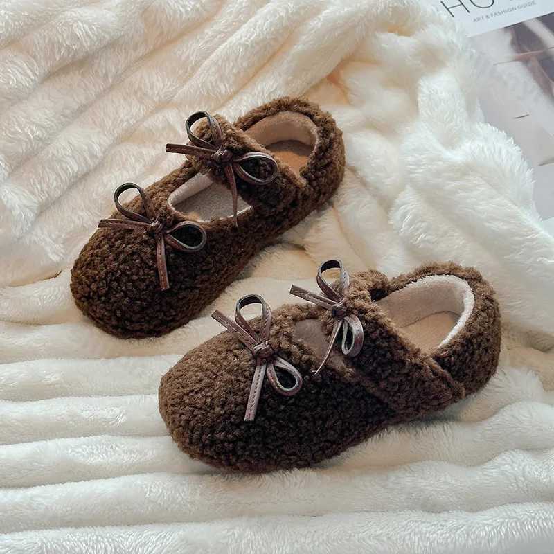 2024 Winter New Children Flats Fur Cover Toe Light Warm Kids Fahsion Bowknot Casual Shoe Plush Non-slip Leisure Mary Jane ShoesXJ241209