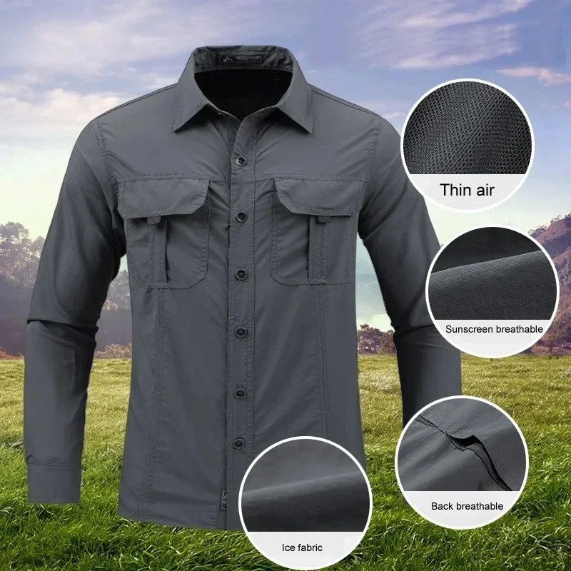 Mens Summer Tactical Long Sleeve US Outdoor Multi Pocket Army Green Waterproof Camping Fishing Cargo Shirt 241209