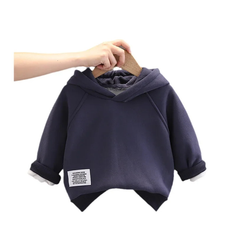 autumn winter baby boy sports shirt Plus velvet thick warm childrens boy hoodie loose sticker soft toddler boy drawstring 241210