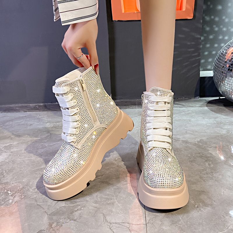 2025 Spring Autumn Thick Bottom Crystal Boots Fashion Shining Crystal Motorcycle Boots Women's Luxury rhinestone Modern Boots Full Diamond Design