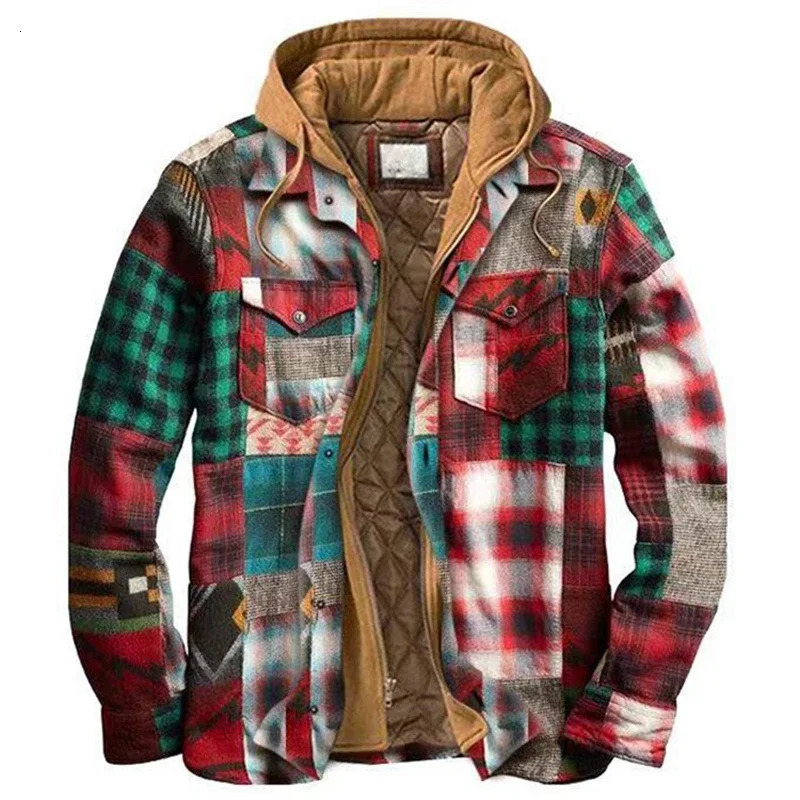 Autumn Winter Mens Plaid Hooded Jackets Harajuku Casual Padded Warm Zipper Long Sleeve Shirts Coats Male European Size S5XL 241209