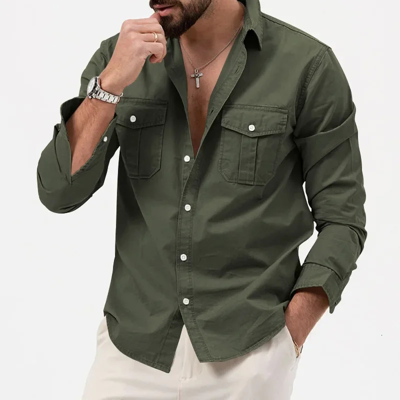 Army Green Tactical Cargo Shirt Mens Chest Two Pocket Long Sleeve Tshirt 2024 Trend Casual Loose Chemise Hombre 241209