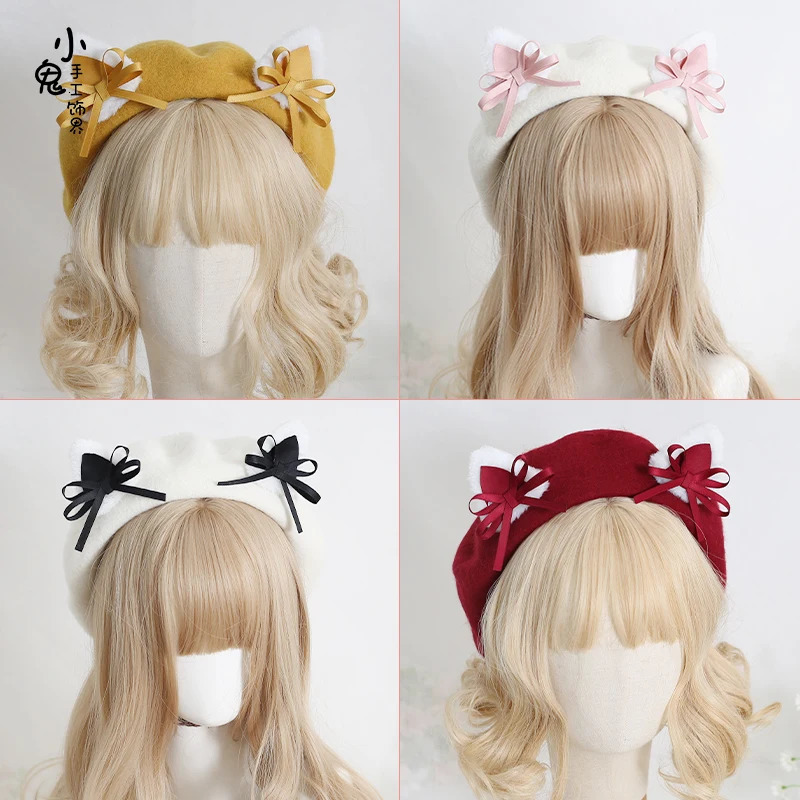 Japanese Lolita girl bow Cats ears Steamed cat-ear shaped bread lobule lovely Cats ears Steamed cat-ear shaped bread bud hat in autumn and winter 2412