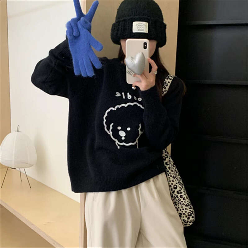 Gentle style cartoon little dog sweater for female students, 2023 autumn and winter new style, loose round neck, single wear, inner knit top