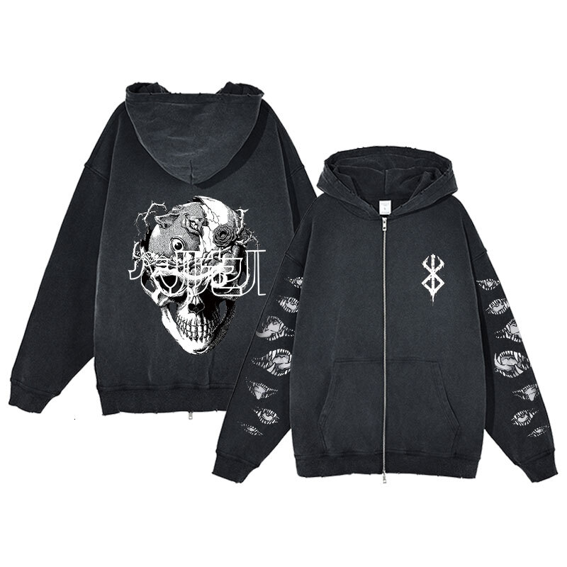 Anime Berserk Acid Wash Hoodie Zip Up Men Women Fashion Long Sleeve Haruku Goth Clothing Aesthetic Streetwear Jacket Oversized