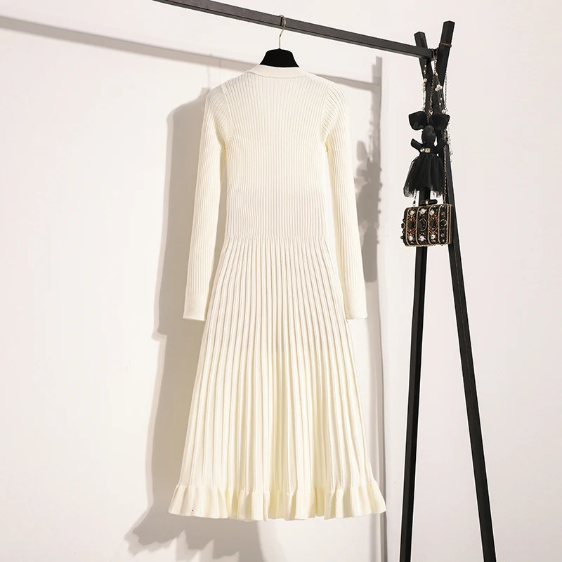 Autumn winter elegant solid knit sweater long sleeved womens V-neck long sleeved high waisted pleated knit dress 241206