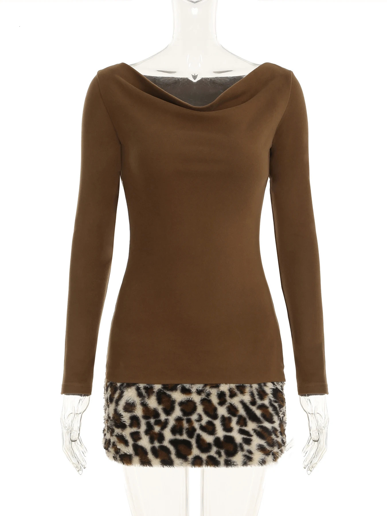 IAMSURE casual patch work fur decorative dress Y2K ultra-thin O-neck long sleeved womens mini dress autumn winter fashion street wear 241206