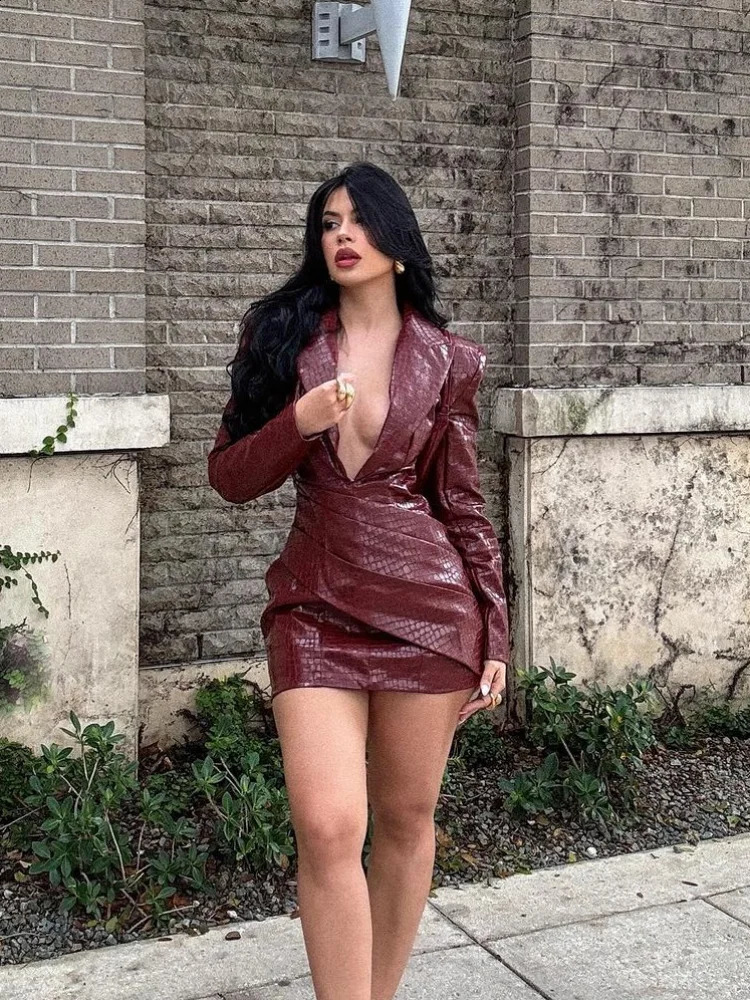 Women Sexy Deep V Red Lattice Leather Mini Dress Fashion Long Sleeve High Waist Fold Slim Dresses Lady Highstreet Short Robe 241210