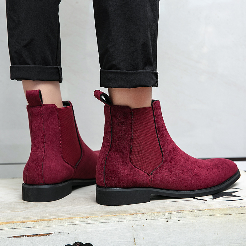 38~48 Mens Suede Leather Classic Red Black Designer Business Casual British Style Male Slip-On Fashion Ankle Boots 44b2