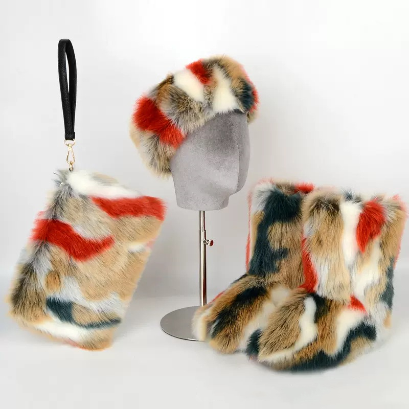 Y2K furry sets Winter Fluffy Snow Boots For Women Faux Fur Ankle Furry Plush Shoe Flat Heel Boot Lady Bag Headband Set
