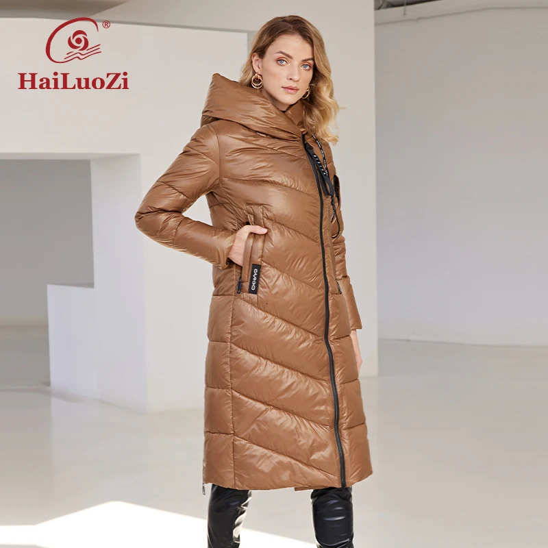 Hailuoqi 2024 womens winter jacket long windproof hooded zipper quilted casual ultrathin cotton park coat 6055 241209