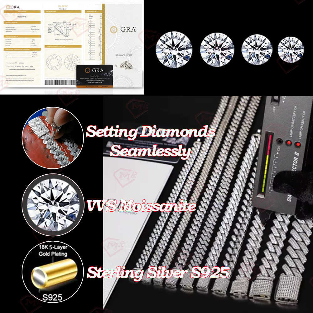 Luxury 15mm Moissanite Cuban Chain Iced Out 925 Silver 3 Rows Two Tone Moissanite Cuban Link Chain