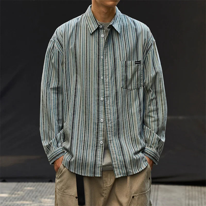 Autumn mens hiphop Corduroy striped shirt college retro casual loose long sleeved top Y2K streetwear 241209