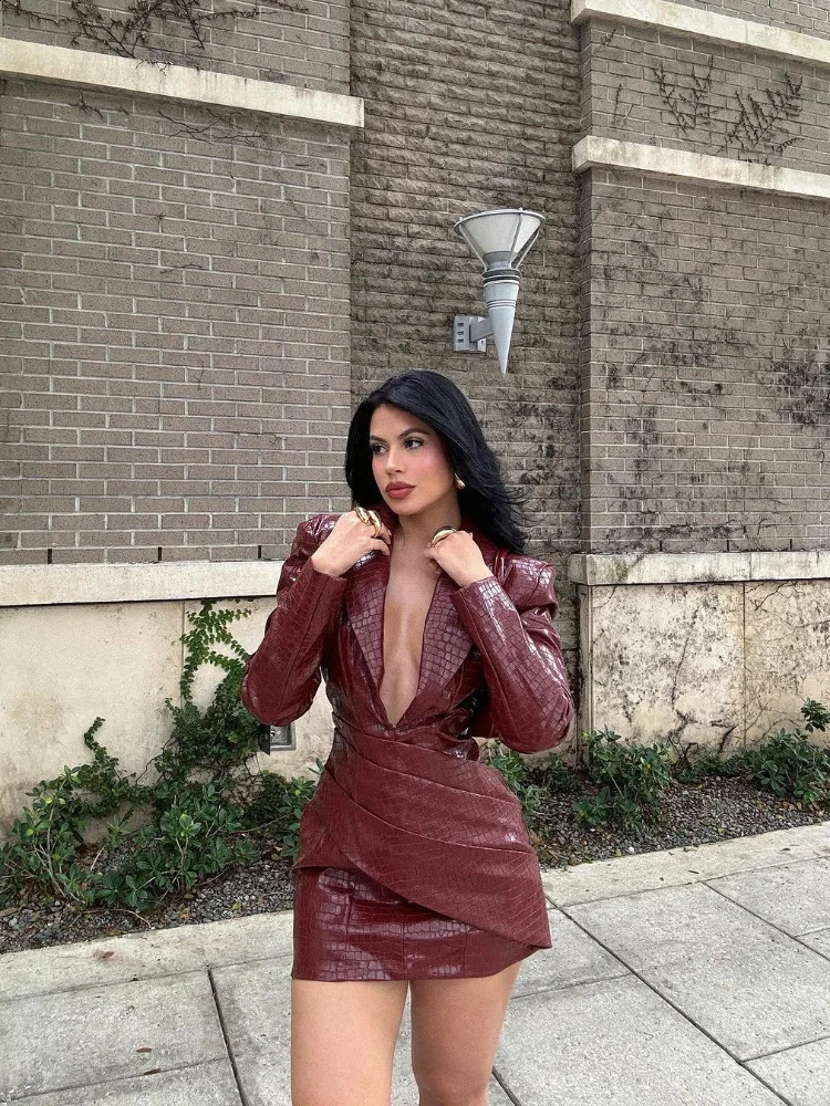 Women Sexy Deep V Red Lattice Leather Mini Dress Fashion Long Sleeve High Waist Fold Slim Dresses Lady Highstreet Short Robe 241210