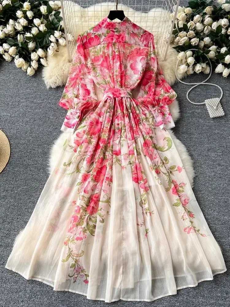 Summer bright silk chiffon gorgeous floral dress womens long light Sve belt loose print A-line robe Vestdos W241210