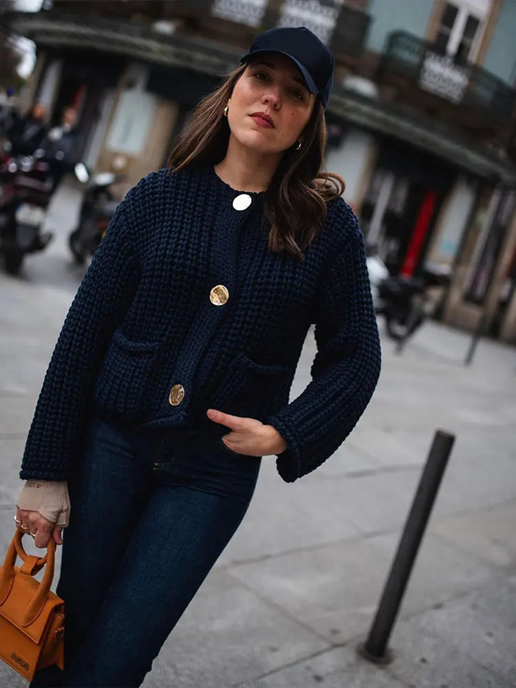 O Neck Single-Breasted Knitted Cardigan For Women Casual Pocket Long Sleeve Sweater Autumn Fashion Lady Streetwear Knitwear