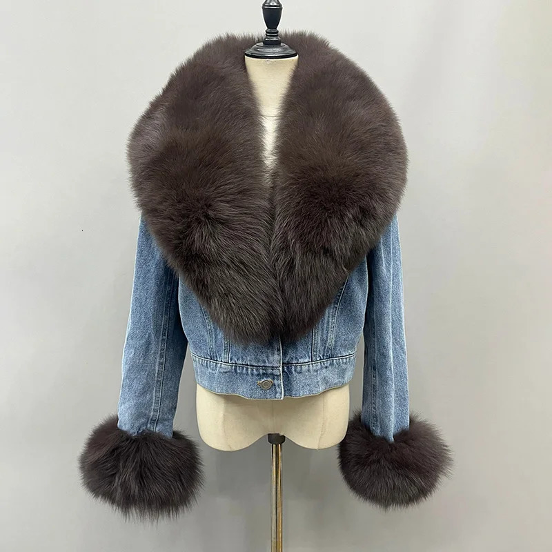 Womens Fluffy True Fur Denim Jacket Big Neck Natural Cuff Fashion 241209
