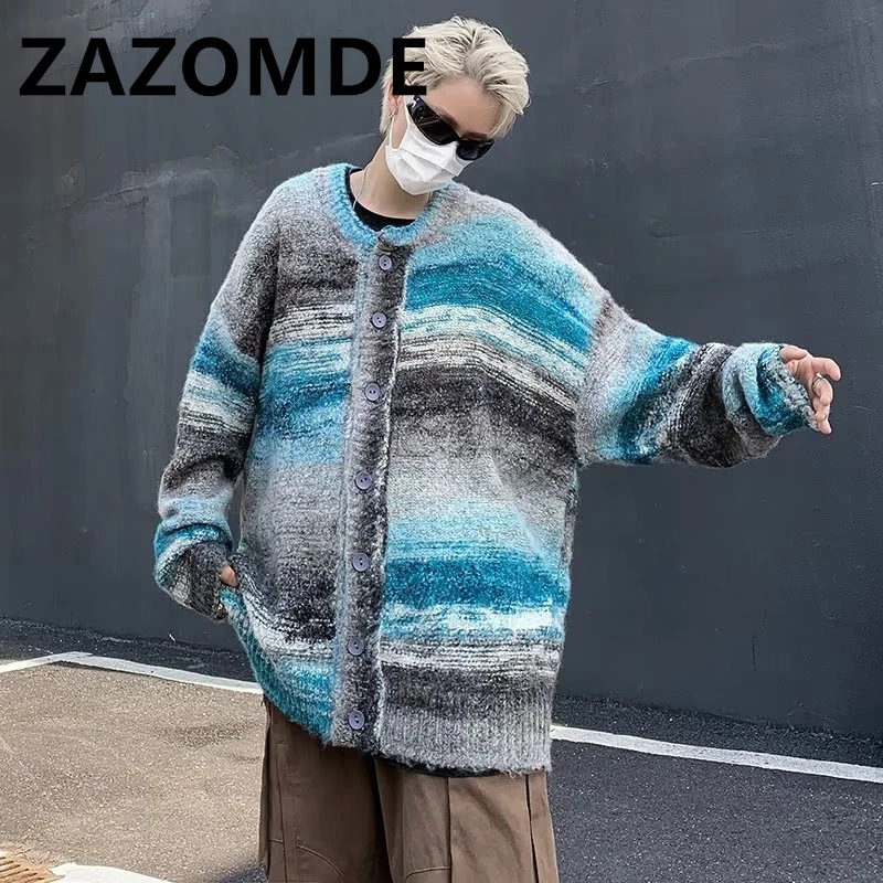 ZAZOMDE winter punk knit sweater mens striped er oversized Harajuku streetwear sweater autumn hip-hop cardigan 241205