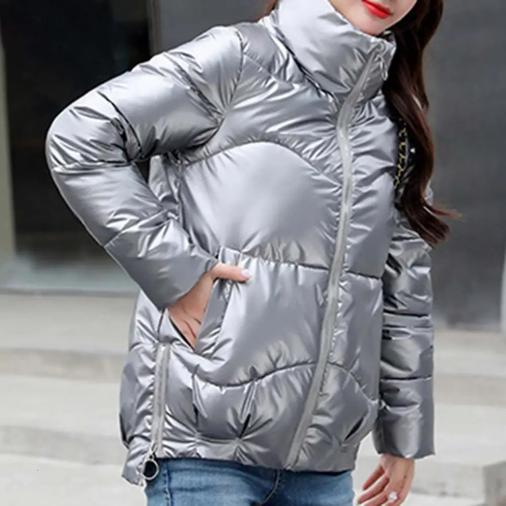 Winter womens coat solid color long sleeved side zipper high and low hem jacket bright surface stand up collar inflatable 241209