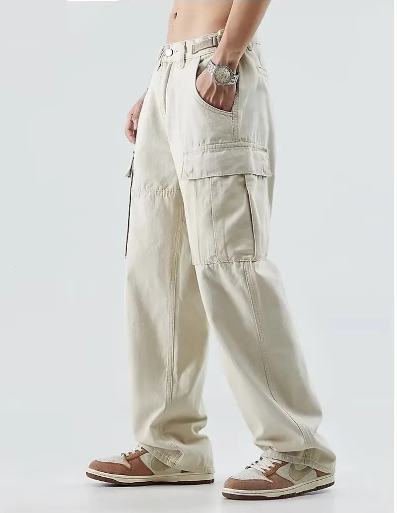 Autumn beige and white overalls loose straight trousers men casual daily apricot 241209