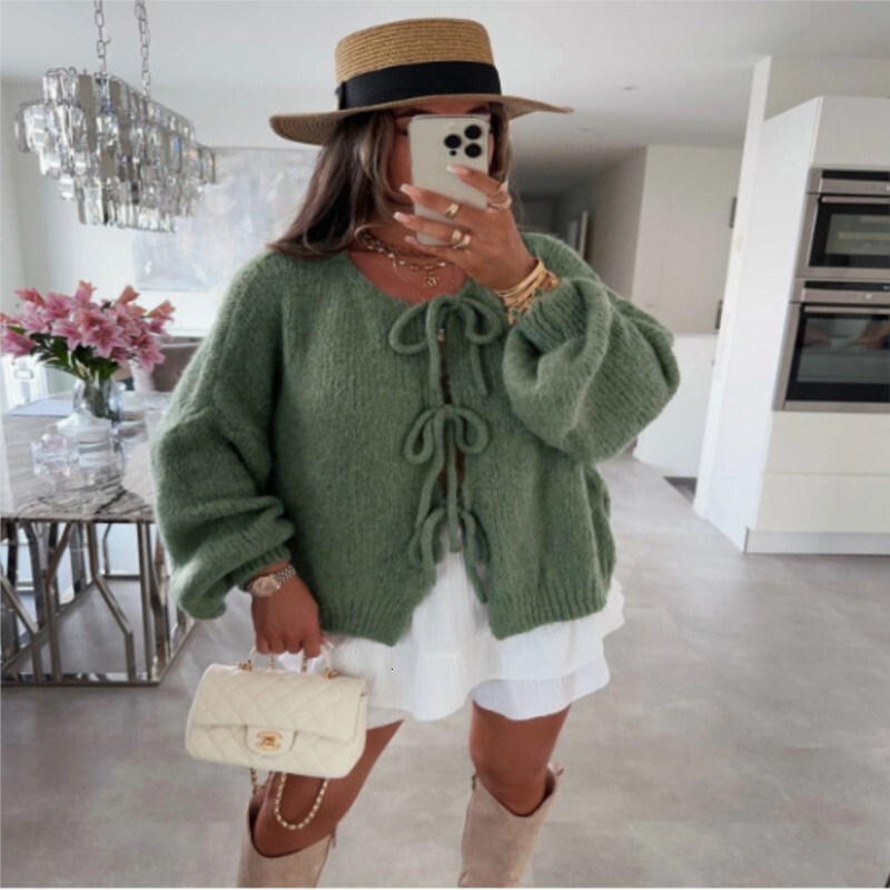 European American Fashion Autumn And Winter New Round Neck Long Sleeved Top Pink Lace Up Sweater Lazy Style Cardigan