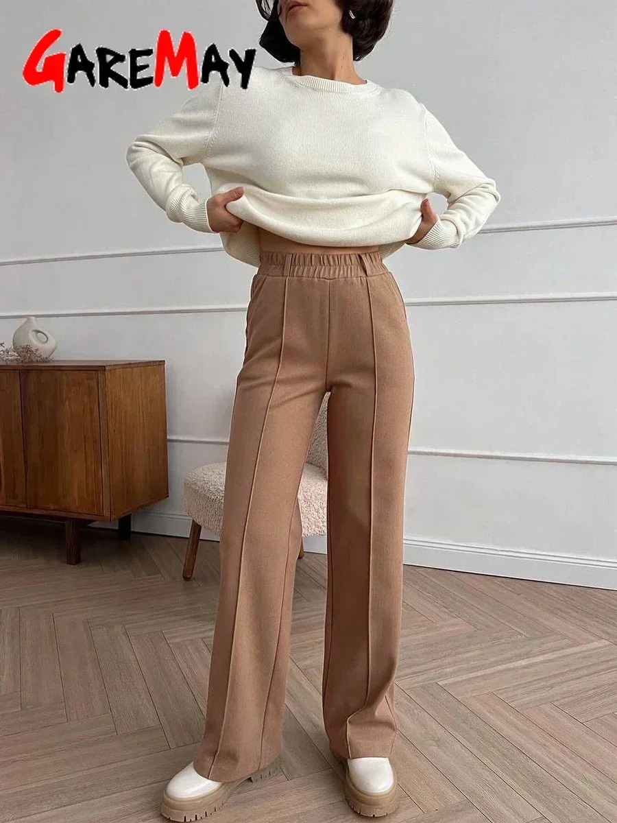 Womens Winter Pants Thick Warm Loose Classic Long Wide Leg Trousers Thermal Brown Beige Wool for Women 2024 241203