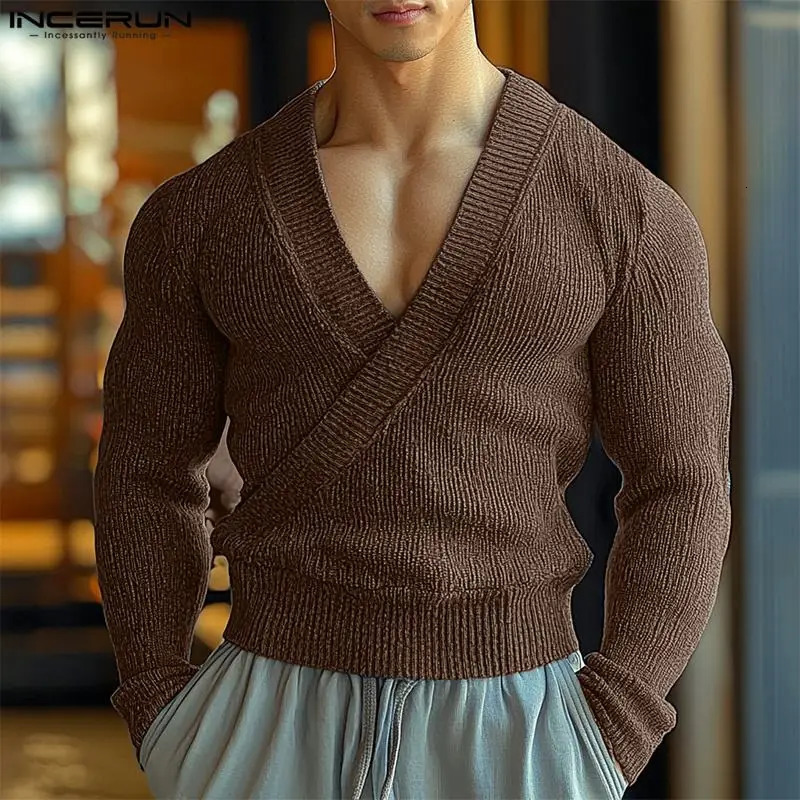 INCERUN Men Sweaters Solid Color Knitted V Neck Long Sleeve Casual Clothing Streetwear Fashion Male Pullovers S5XL 241209