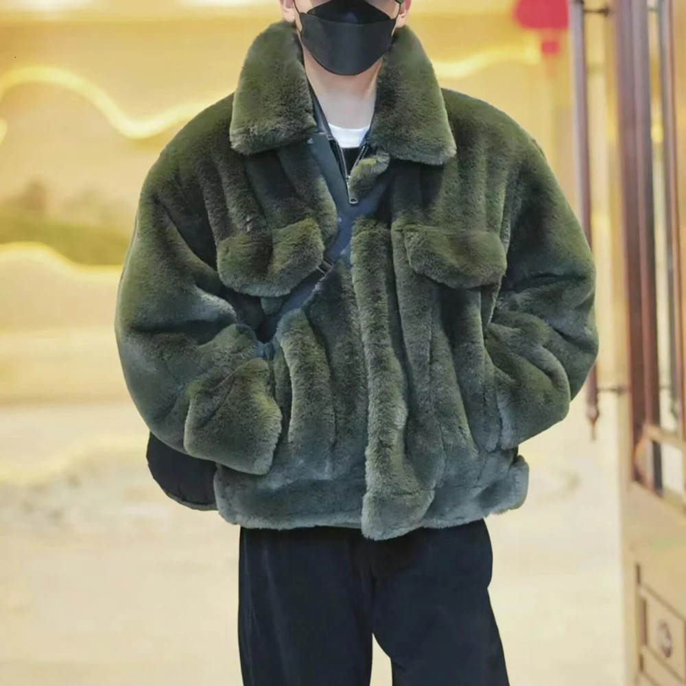 Cold resistant and warm Korean style plush jacket mens autumn winter thick fashion rabbit fur coat 241209