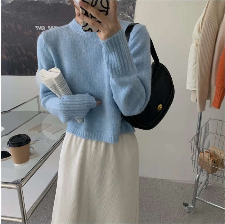 Lazy loose solid color soft sticky short autumn and winter sweet style knitted sweater, European station for women