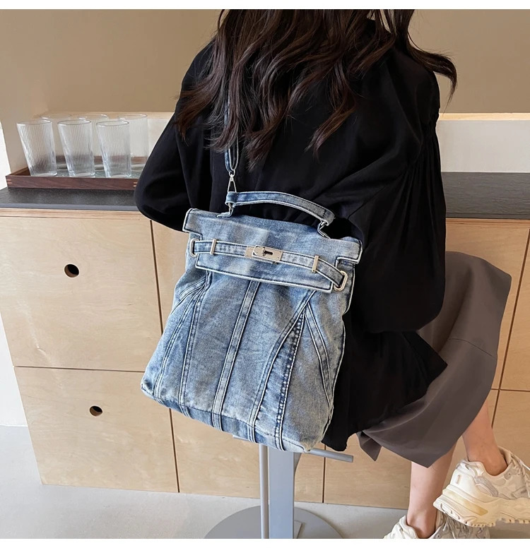 Big denim teenage backpack Rucksack fashionable girl backpack womens shoulder bag high school backpack black Mochila241209