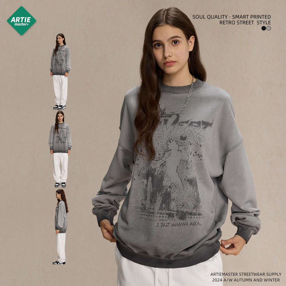 2024 Autumn New Product: Anti Bottom Stir Fry Color Old White Ink Digital Direct Spray Printed Round Neck Men's Sweatshirt