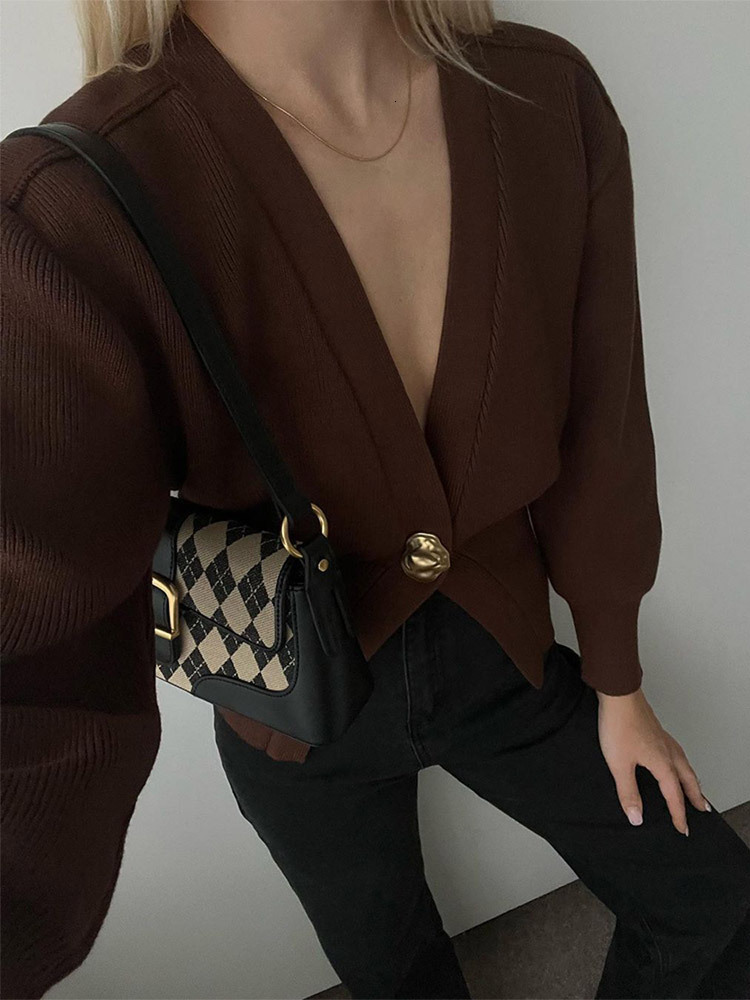 Women's Fashion Button Knitted Cardigan Vintage V Neck Full Sleeves Cropped Sweater Autumn Elegant Lady High Street Jumper