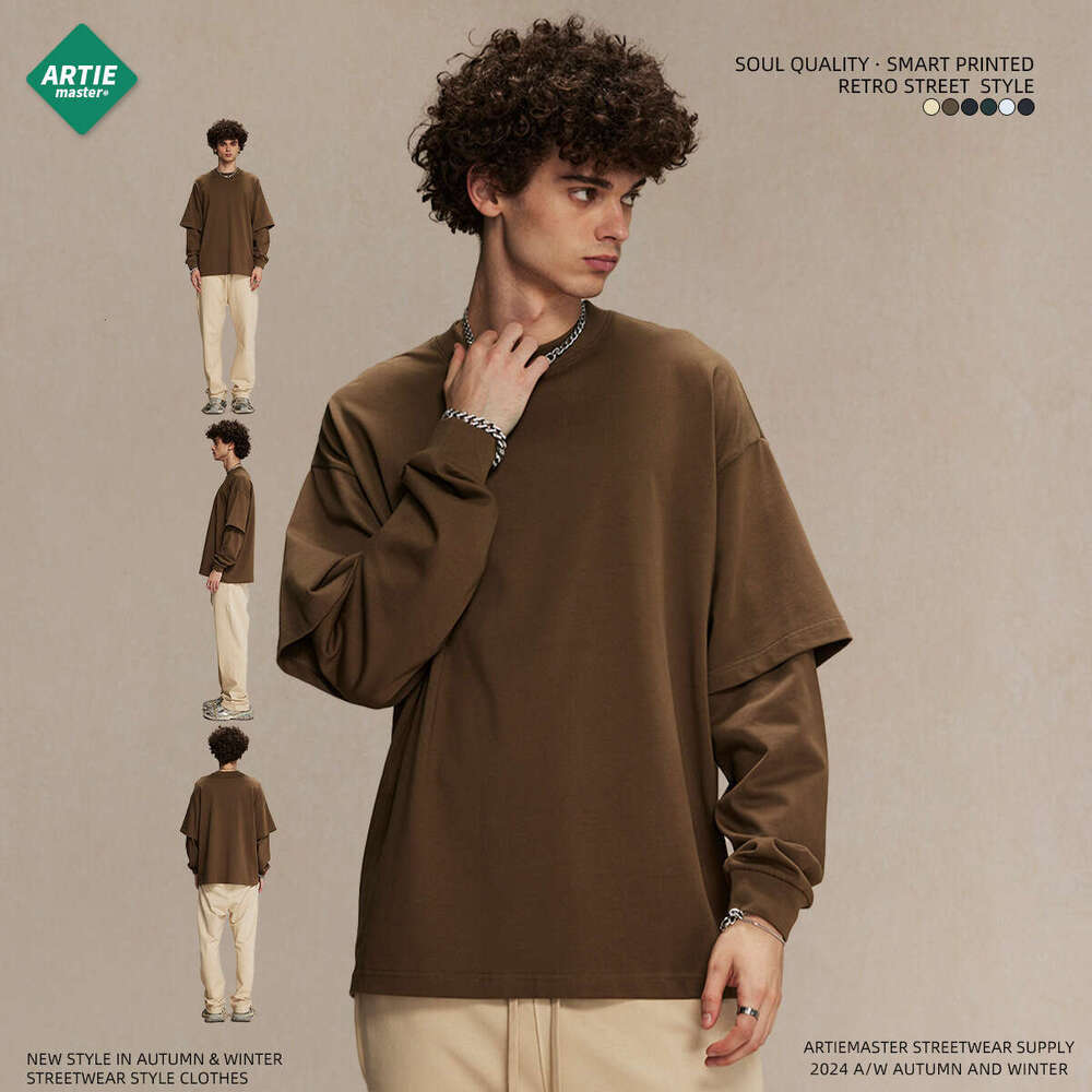 2024 Autumn New Trendy Brand Wear Fake Two piece Long sleeved T-shirt Men's Loose Casual Bottom Shirt