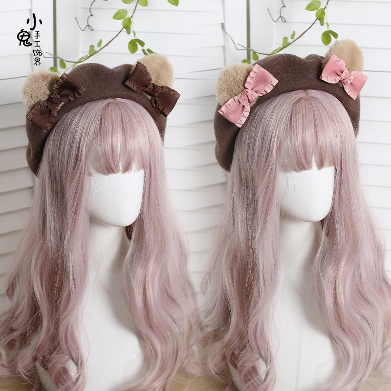Japanese Cute Bear Ears Beret Female Cute Girl Wool Butterfly Painting Hat Warm Winter Hat 241209