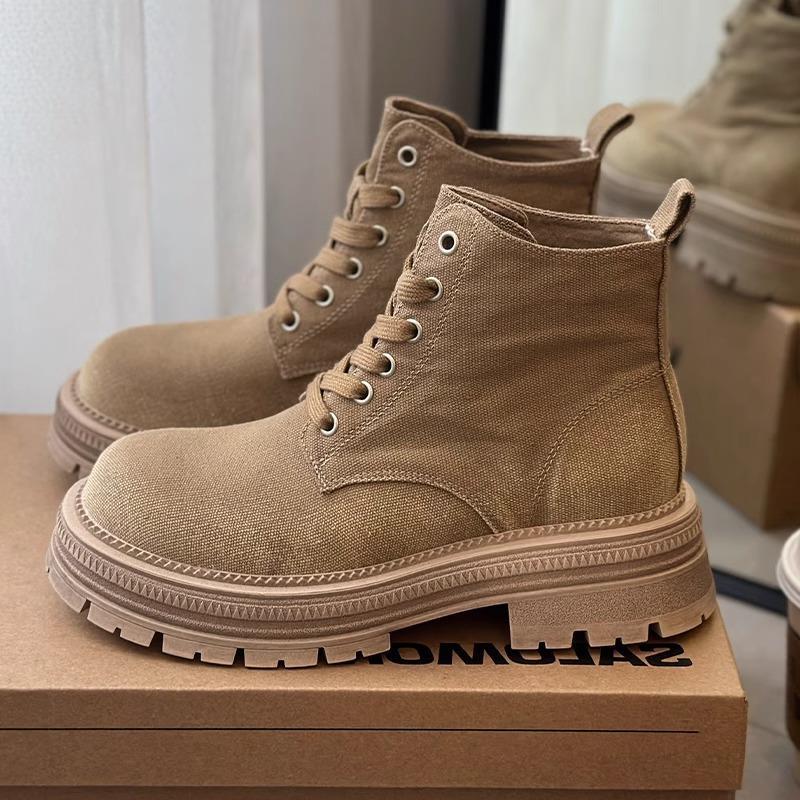Women Boots:Thick Sole Canvas Boots 2025 Spring New Style Casual Versatile Breathable Short Boots Lace-up,Khaki/Grey,Free shipping