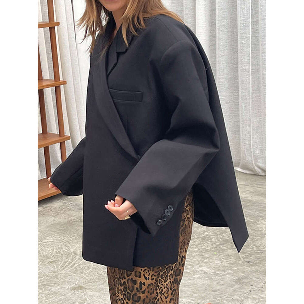 Chic Gray Lapel Button Suit Jacket For Women Elegant Loose Long Sleeves Office Coat New Female High Streetwear Outercoat