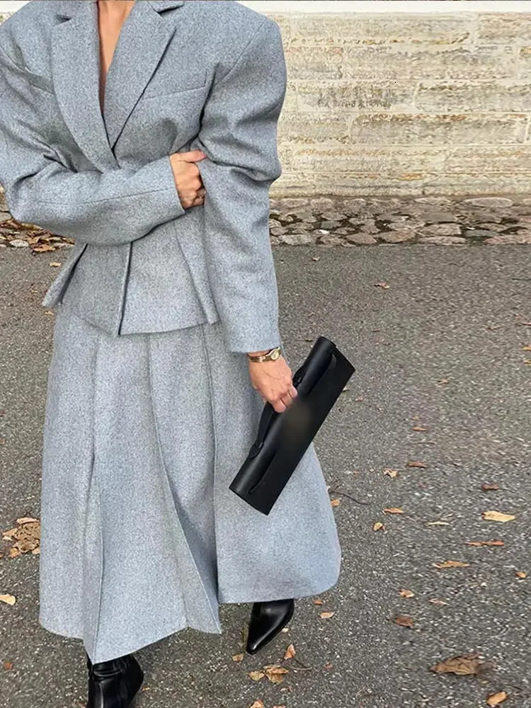 Women Fashion Solid Woolen Skirt Suits Elegant Stand Collar Full Sleeve Coat Loose Pleated Long Skirts Set Fall Chic Lady Outfit
