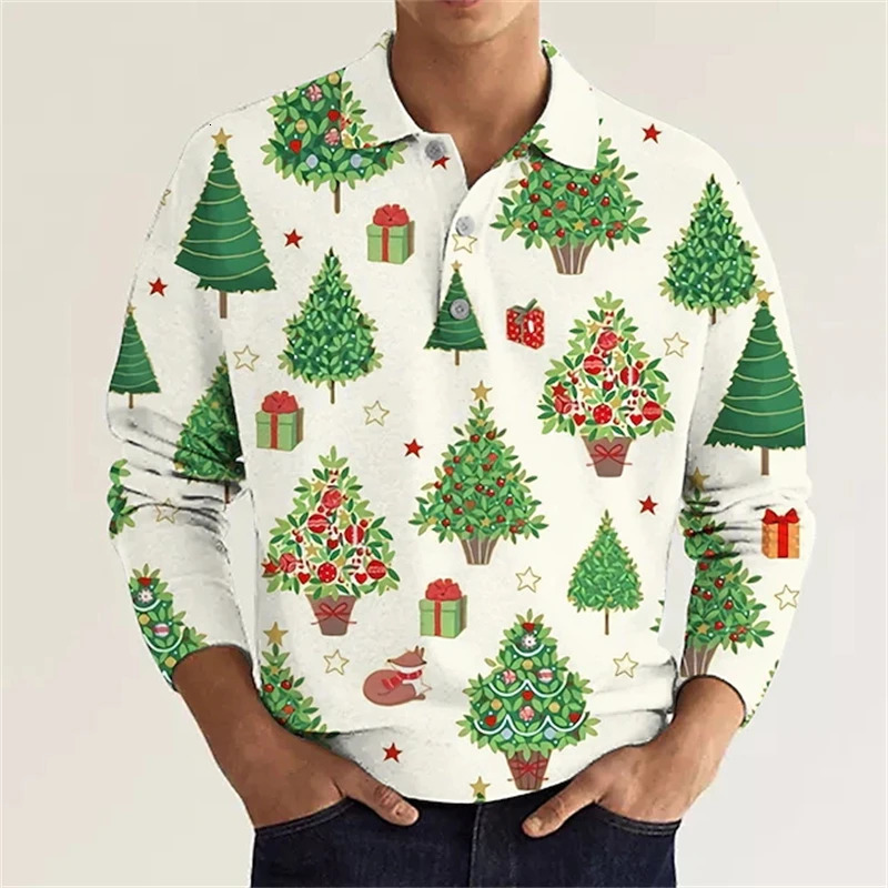 Christmas Festival Men 3D Xmas Trees Graphic Long Sleeve Polo Shirt Kids Clothes Trendy Casual Button Shirts Tops 241202
