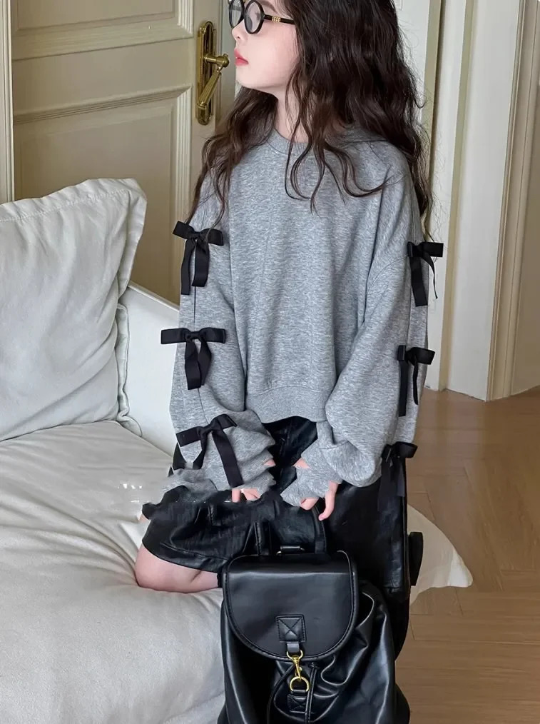 Childrens sweatshirt girls hoodie bow tie long sleeved top of the line sweatshirt girls clothing autumn and spring childrens clothing girls clothing 2