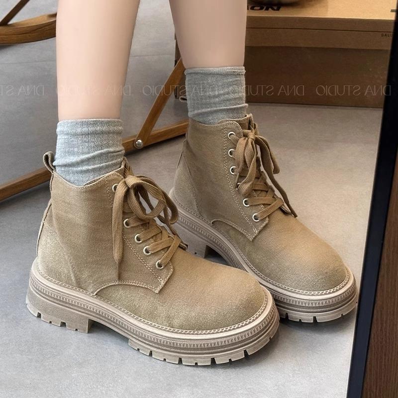 Women Boots:Thick Sole Canvas Boots 2025 Spring New Style Casual Versatile Breathable Short Boots Lace-up,Khaki/Grey,Free shipping