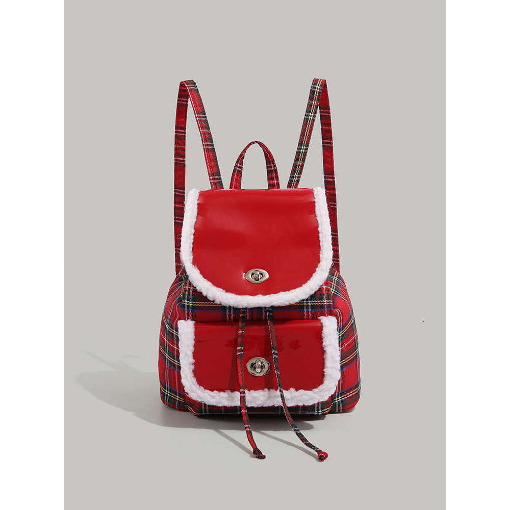 American college style plush soft leather backpack, women's lambhair handbag, 2024 new Christmas atmosphere backpack
