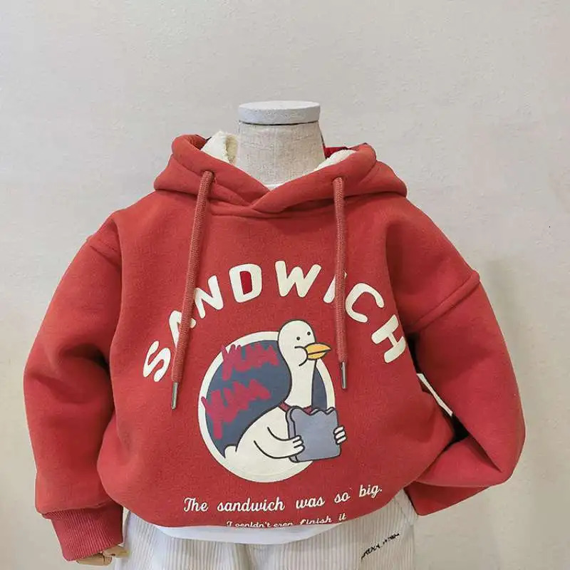 Boys hooded sweatshirt cotton top red warm thick velvet winter autumn toddler pulley baby chlorine 241210